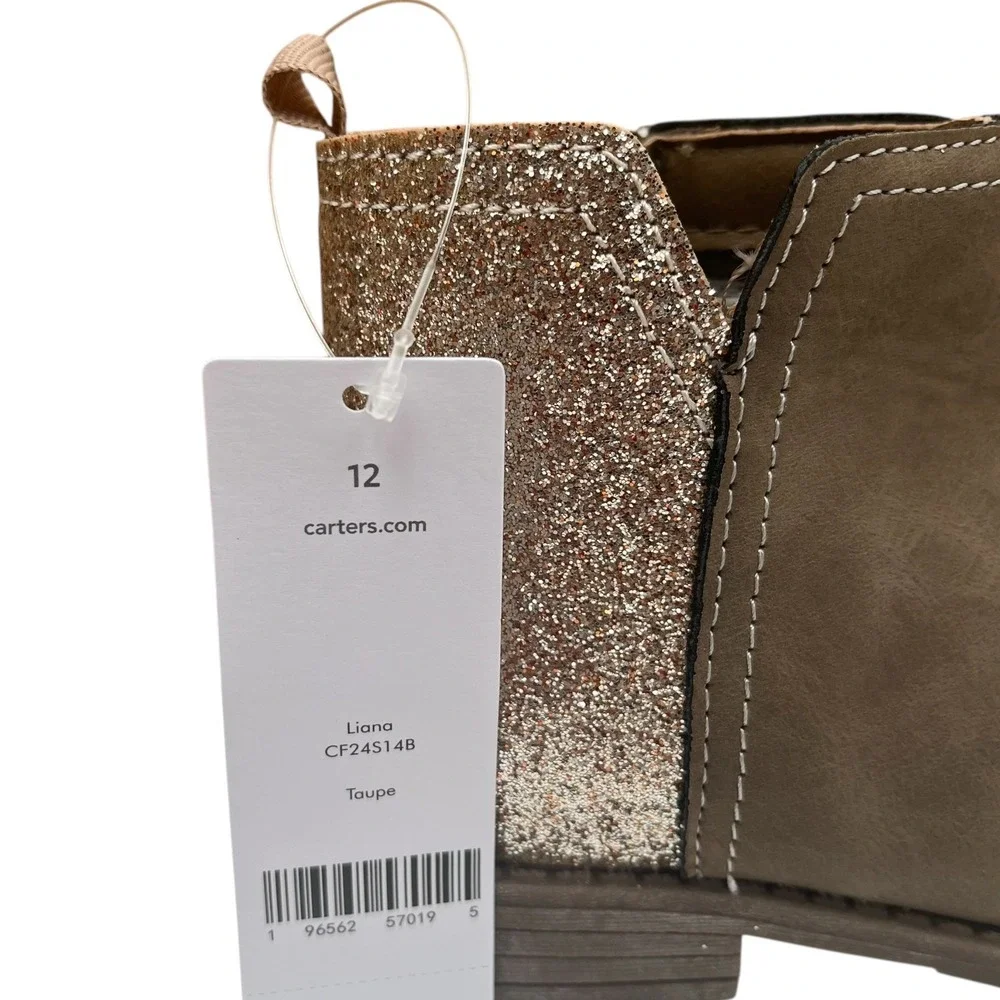 Carters Little Girl's Liana Ankle Boots Size 12 Taupe Glitter Accent Side Zip‎